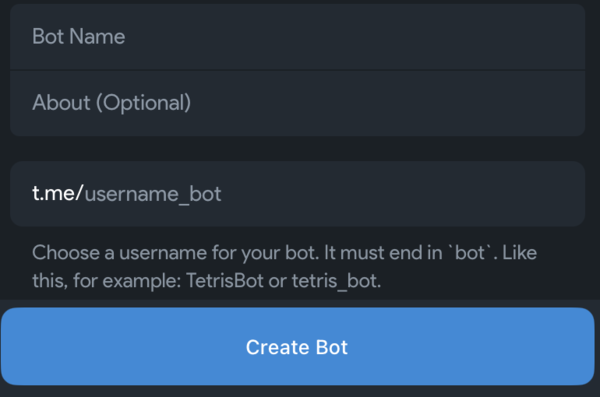 Форма «New bot»