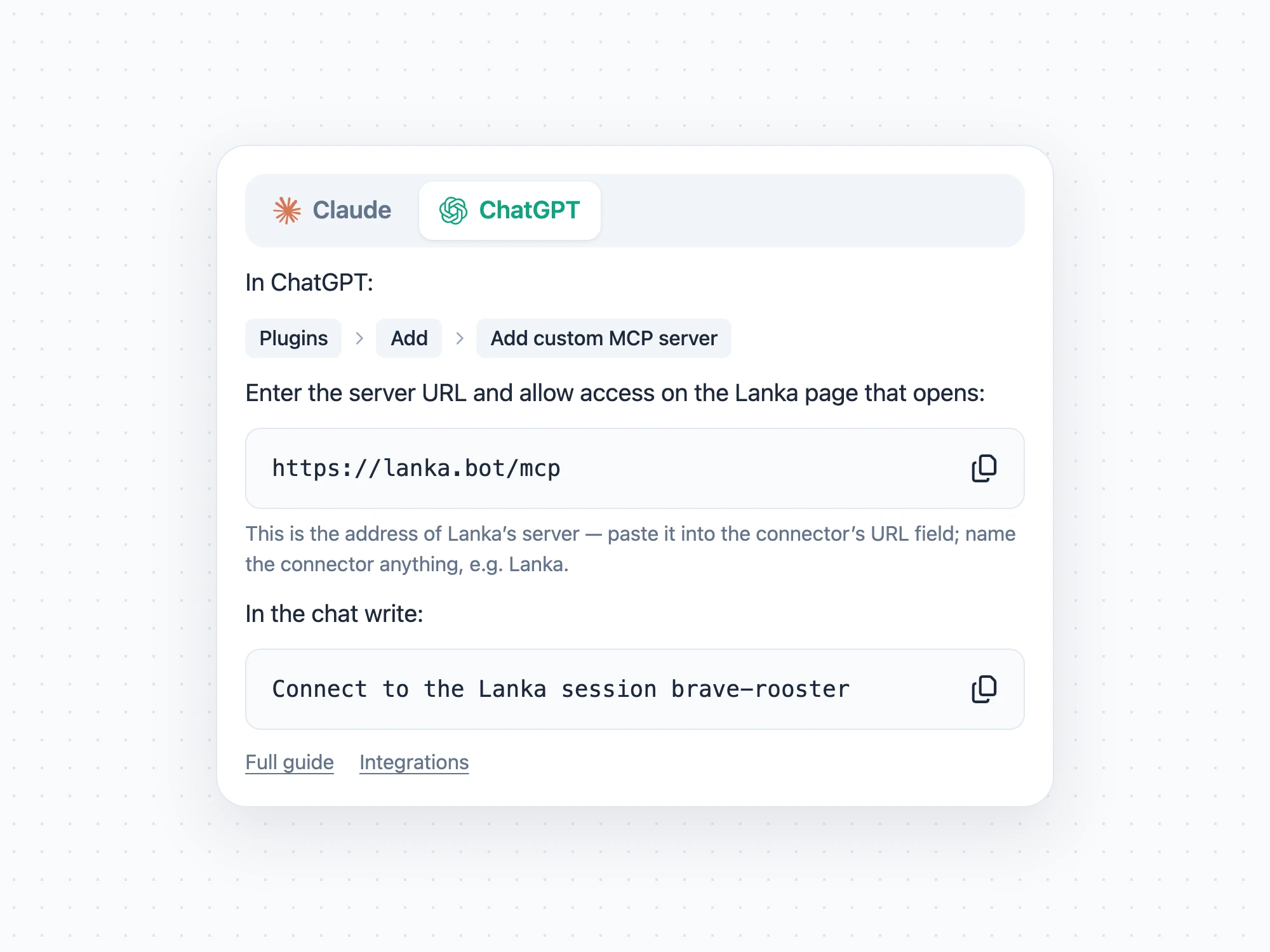 Connecting ChatGPT: the server URL and the line for the chat