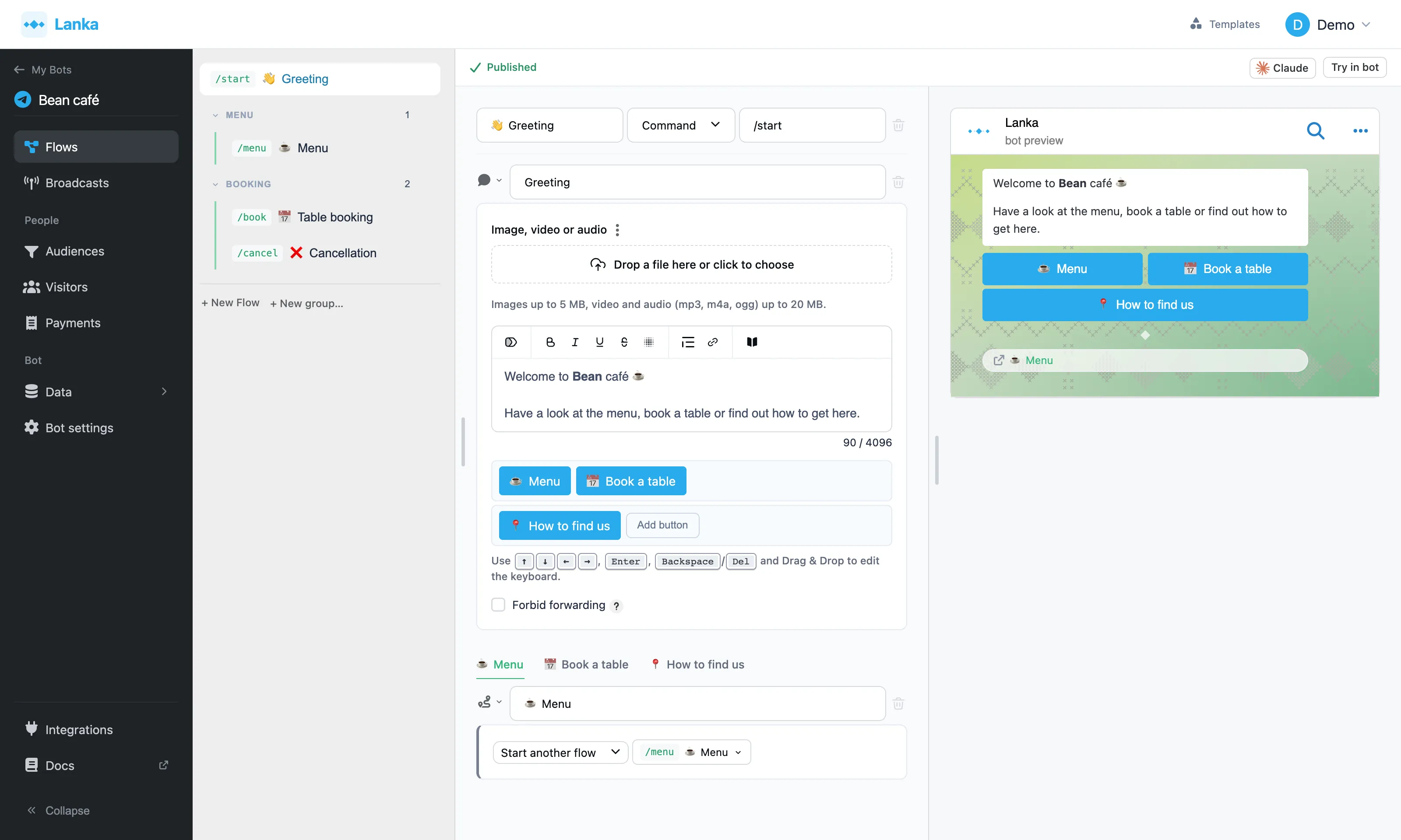The "Flows" page: the list of flows, the steps and the preview