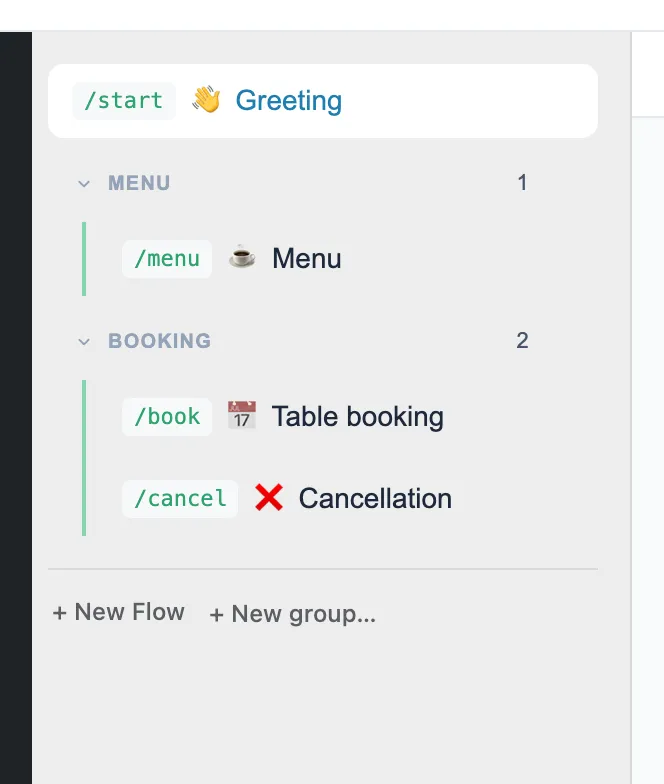 The list of flows with the "Menu" and "Booking" groups