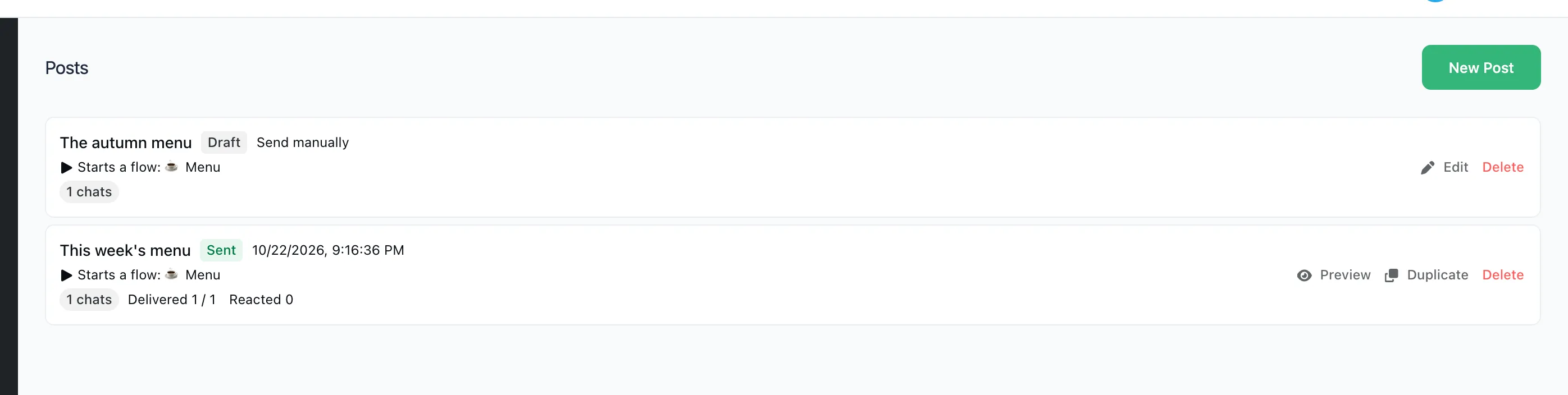 The list of posts: a sent one and a draft