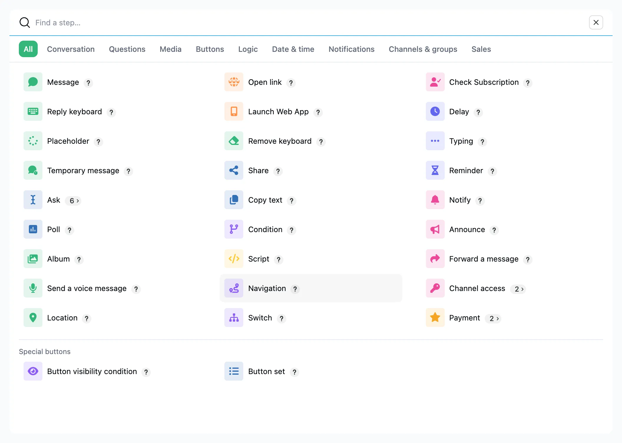 The list of step types with its search
