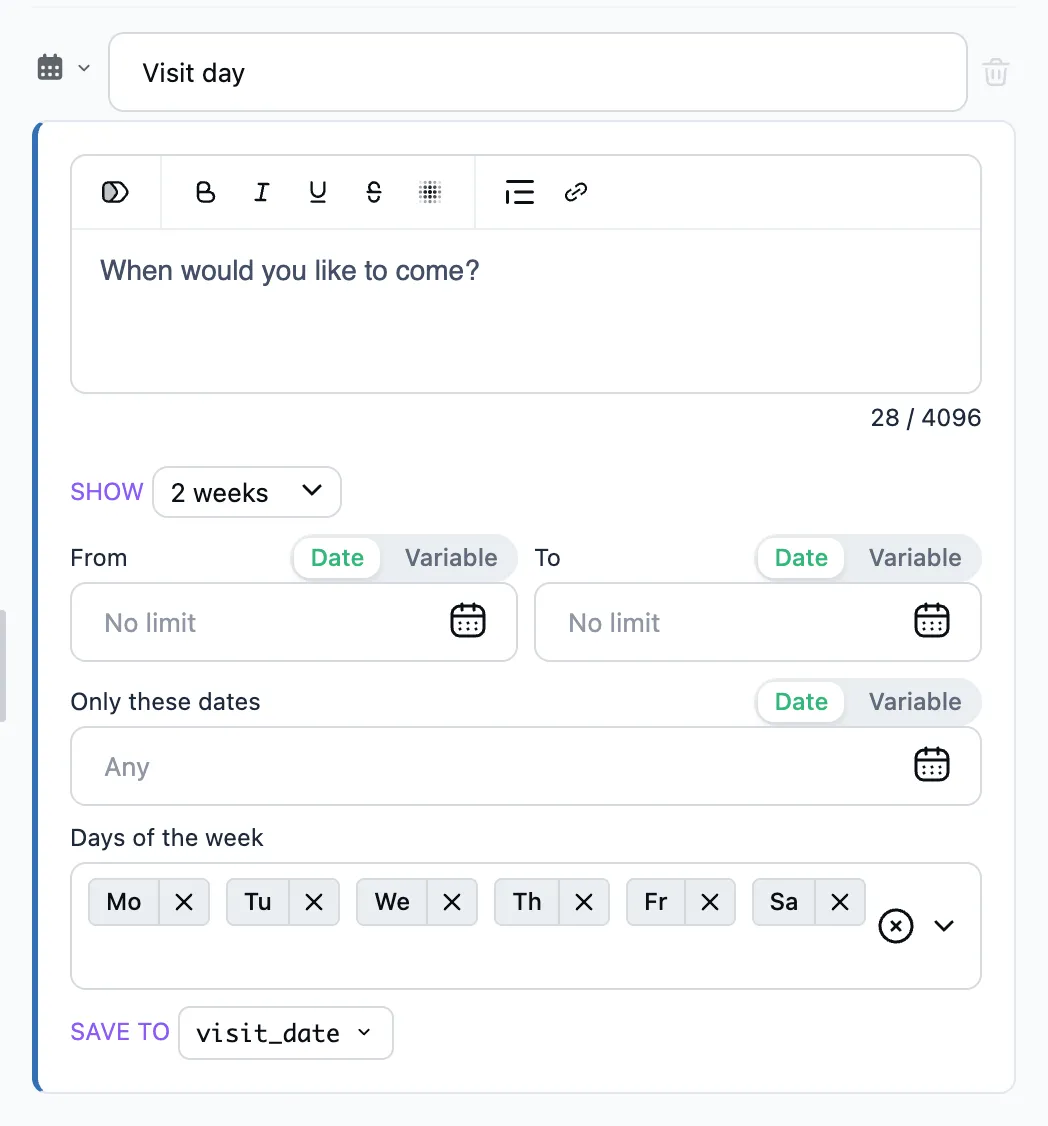 The "Pick a date" step in the editor