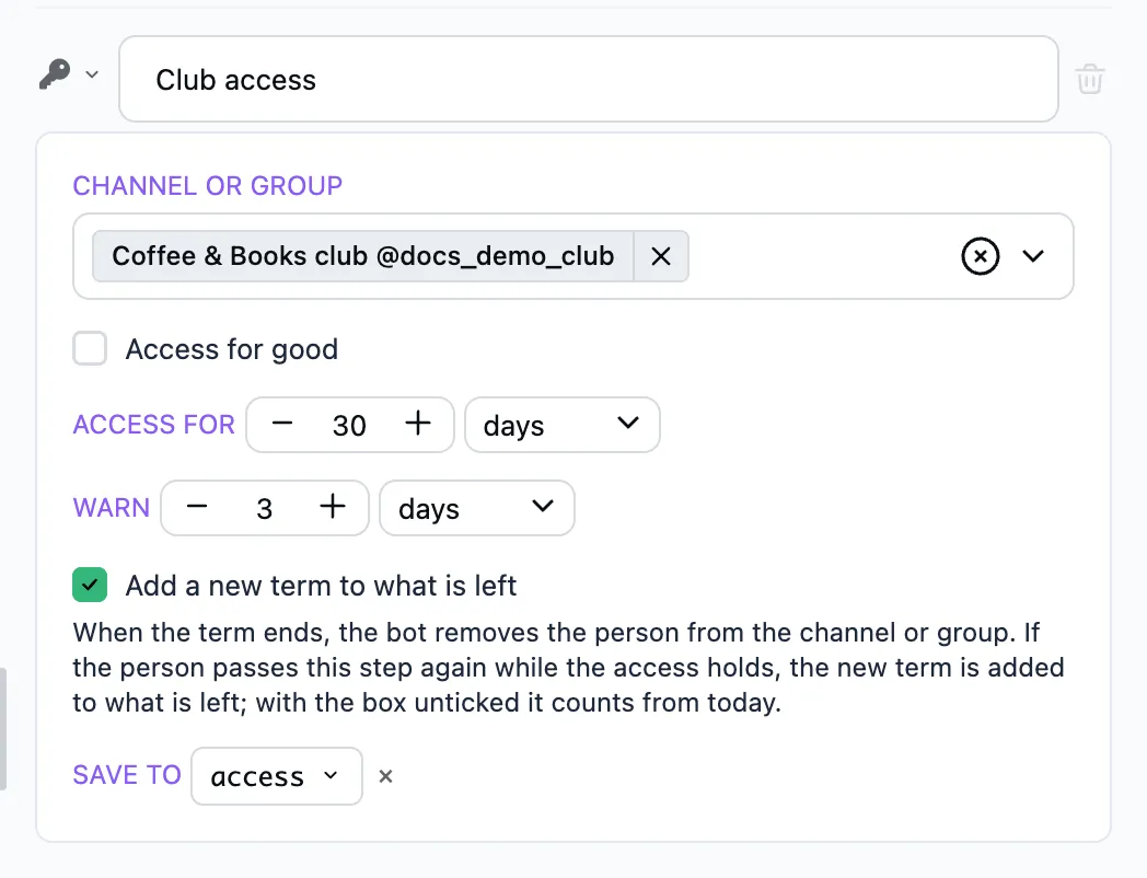 The "Grant channel access" step in the editor