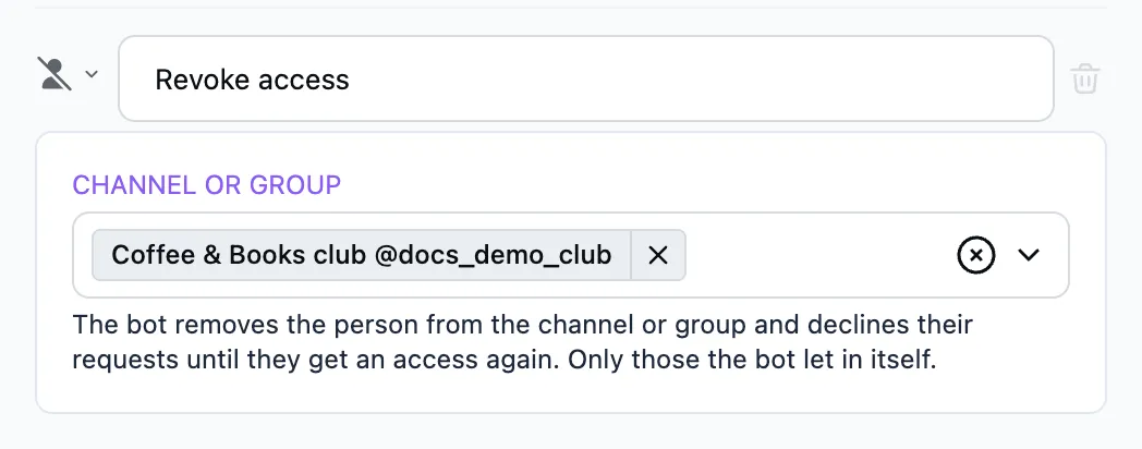 The "Revoke channel access" step in the editor