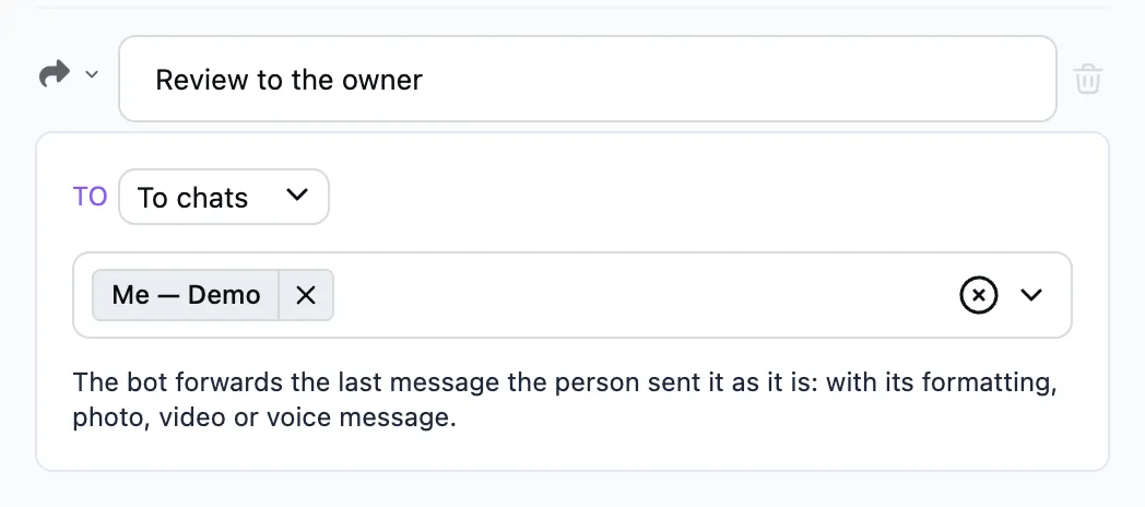 The "Forward a message" step in the editor