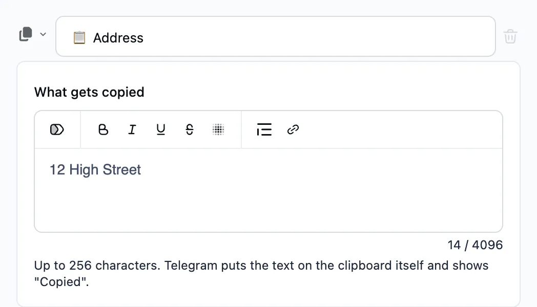 The "Copy text" step in the editor