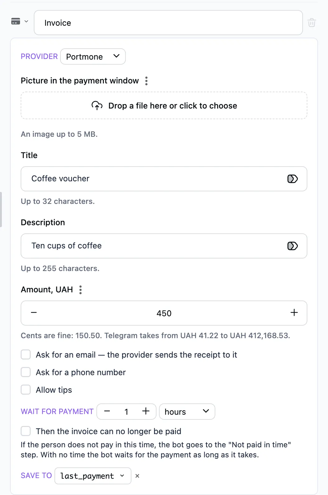The "Payment by card" step in the editor