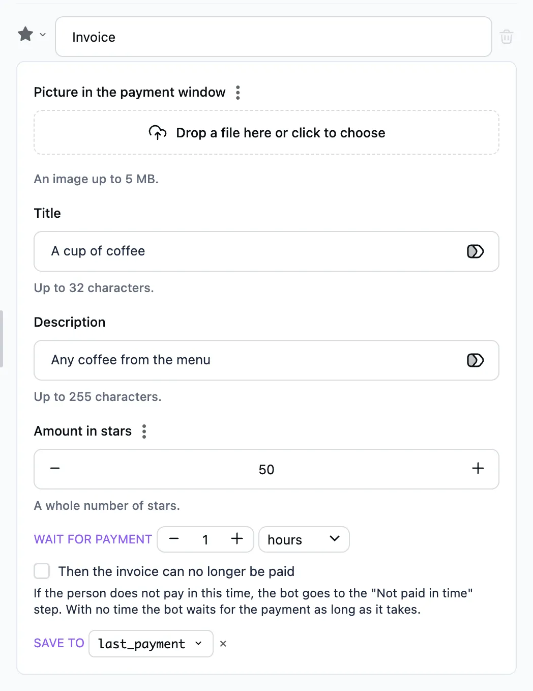 The "Payment in stars" step in the editor