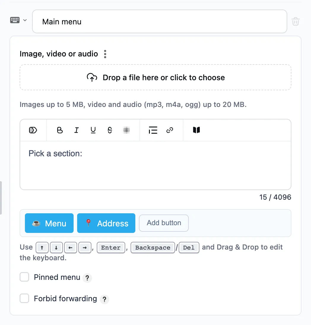 The "Reply keyboard" step in the editor