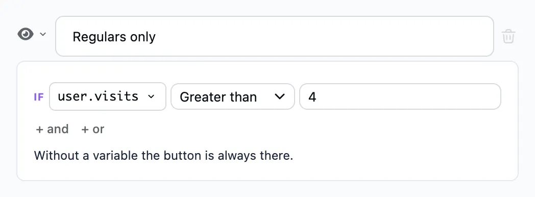 The "Button visibility condition" step in the editor