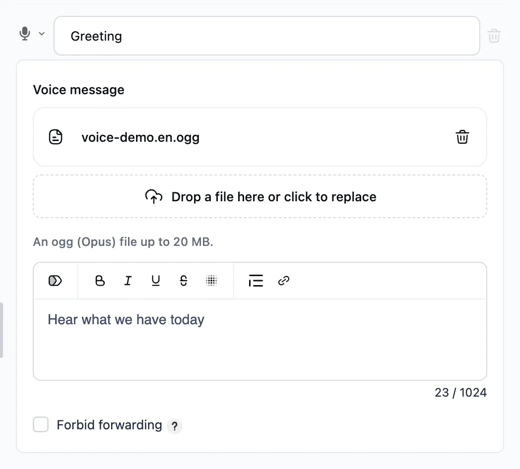 The "Send a voice message" step in the editor