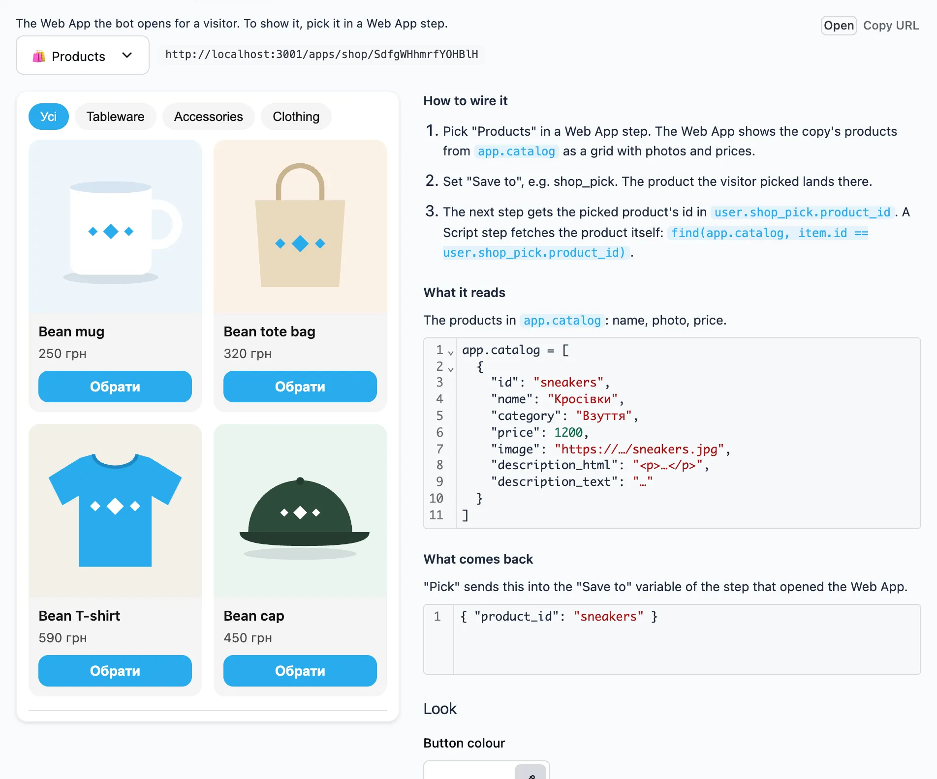 The Storefront panel with the Mini App preview