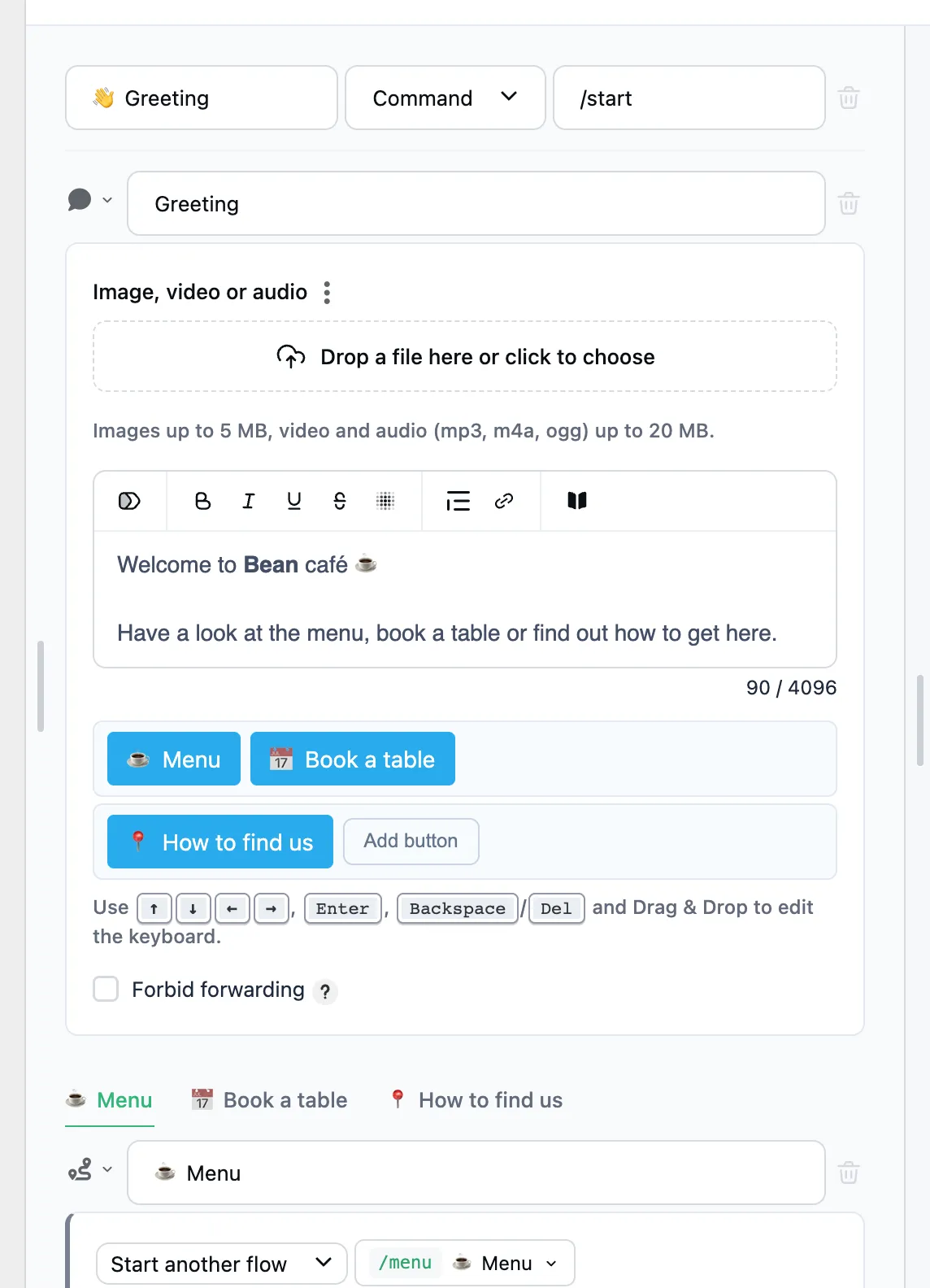 A message with buttons and the tabs of their branches