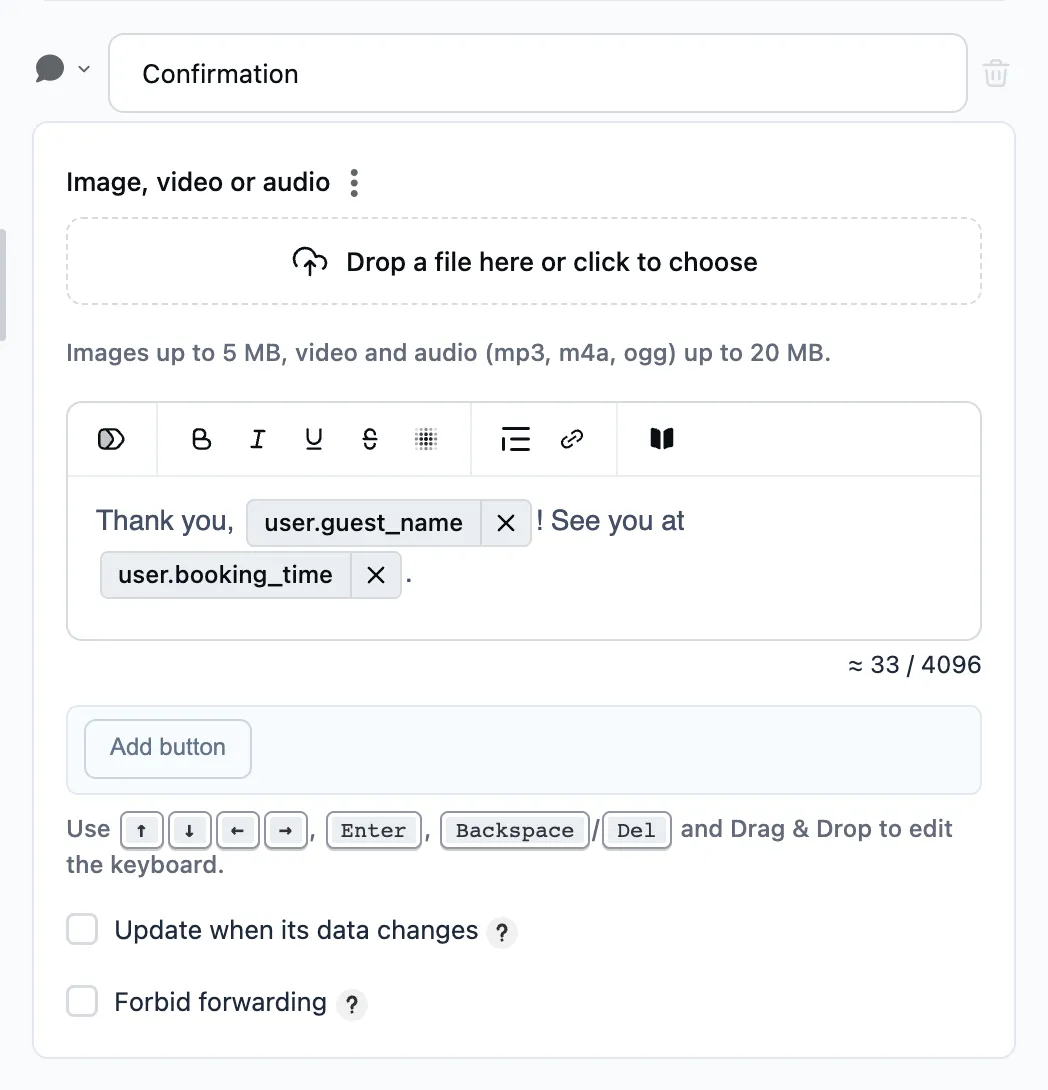 A message with tokens in the editor