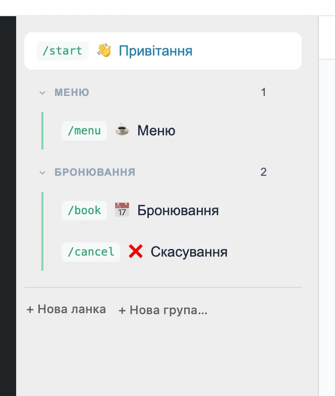 Список ланок із групами «Меню» і «Бронювання»